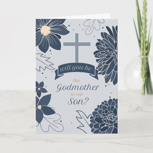 Godmutter Request Son Bold Navy Blue Botanical Karte (Vorderseite)