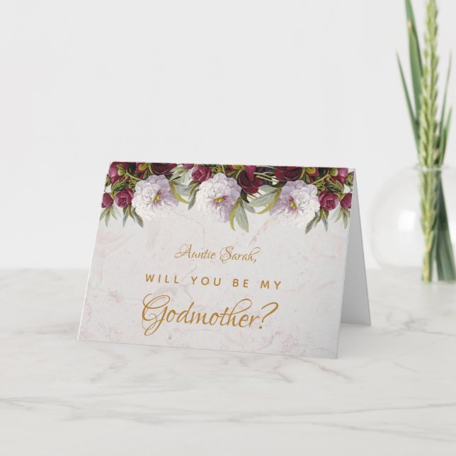 Godmutter Vorschlag Floral Burgundy Peonies Marble Karte (Vorderseite)