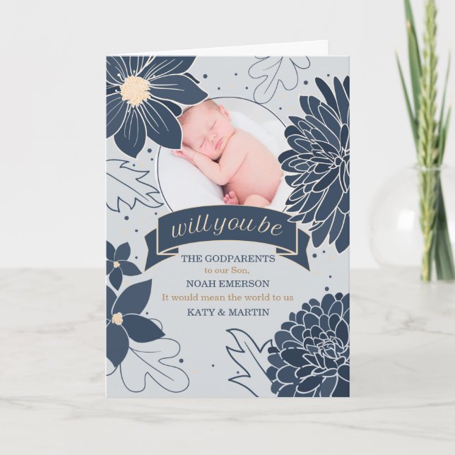 Godparent Request Bold Blue Botanicals mit Foto Karte (Vorderseite)