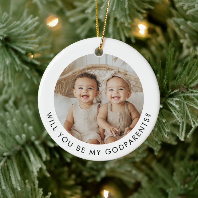 Godparents Photo Proposal Girl Boy Twins Keramik Ornament (Baum)