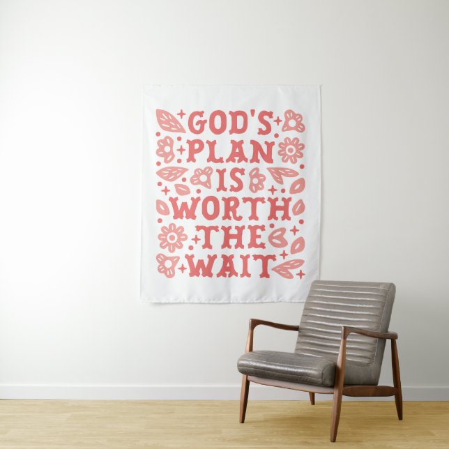 God's plan is worth the wait Christian girl pink Wandteppich (Beispiel)