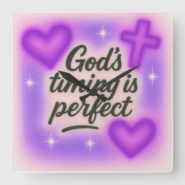 god's timing is perfect airbrush retro 90s purple  quadratische wanduhr (Vorderseite)