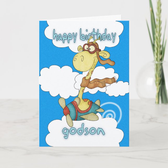 Godson Airplane / Airplane Giraffe Geburtstagskart Karte (Vorderseite)