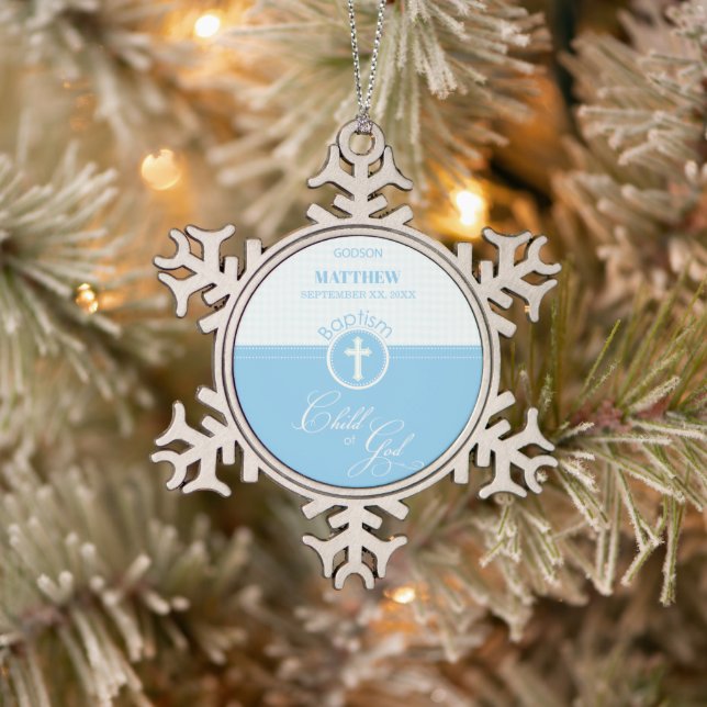 Godson Baptism Blue Child of God Personalisiert Schneeflocken Zinn-Ornament (Baum)