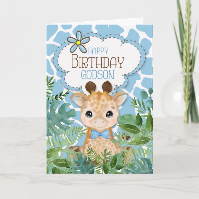Godson Blue Jungle Giraffe Themed Birthday Karte (Vorderseite)