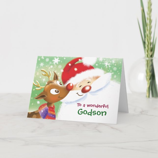 Godson, Christmas, Cute Reindeer & Santa Karte (Vorderseite)