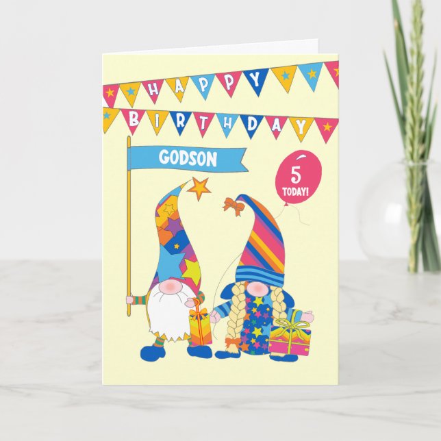 Godson Custom Age Birthday mit Fun Gnomes Card Karte (Vorderseite)