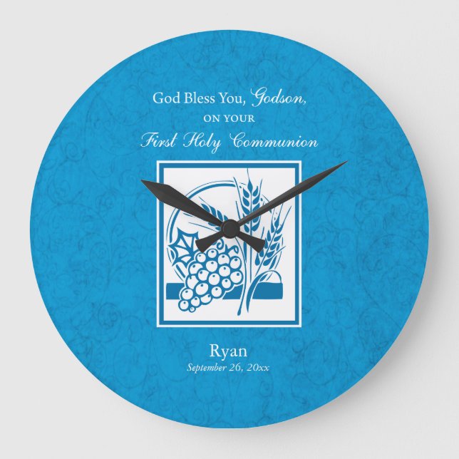 Godson First Communion, Weizen, Trauben Blau Große Wanduhr (Vorderseite)