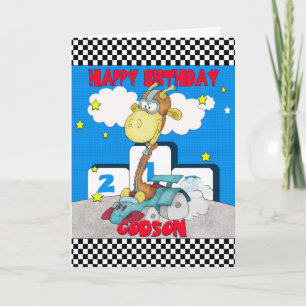 Godson Giraffe Geburtstagskarte - Racing Giraffe Karte