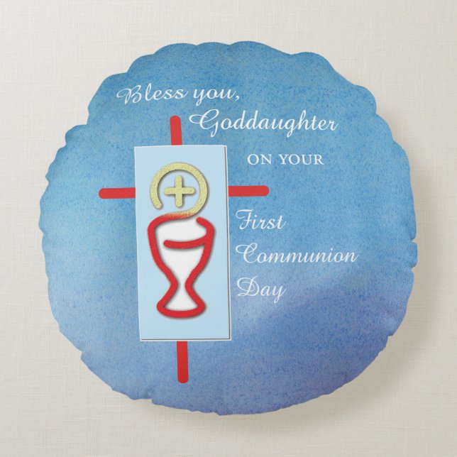 Godtochter, Erste Heilige Kommune, Türkis Rundes Kissen (Vorderseite)