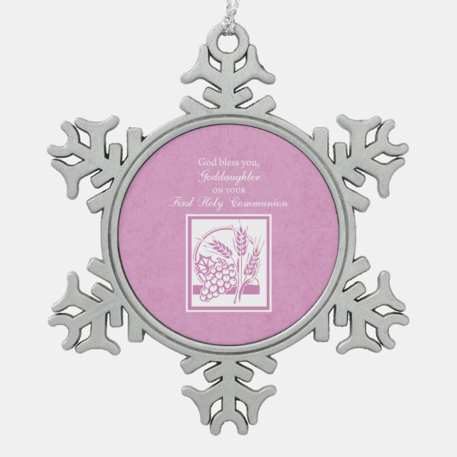 Godtochter Erste Kommune, Rosa Schneeflocken Zinn-Ornament (Vorderseite)
