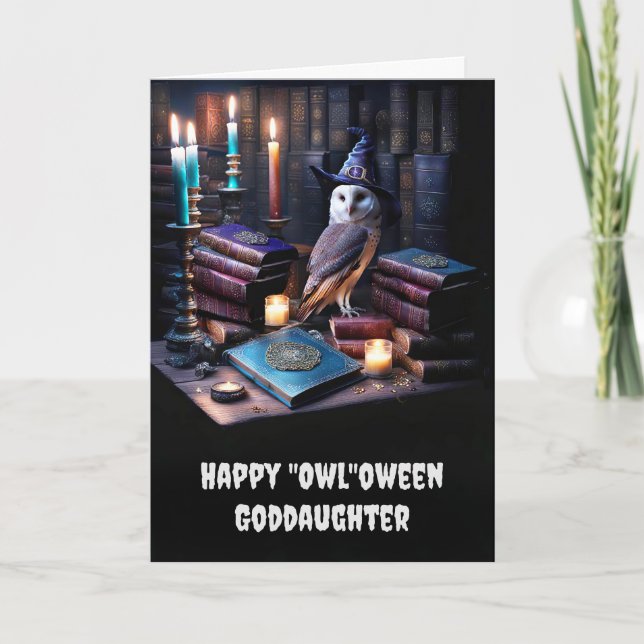 Godtochter Happy Halloween mit Owl Magical Books Karte (Vorderseite)