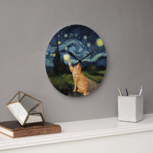 Gogh Kitty Starry Night Cat Große Wanduhr