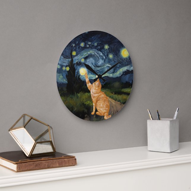 Gogh Kitty Starry Night Cat Große Wanduhr (Büro)