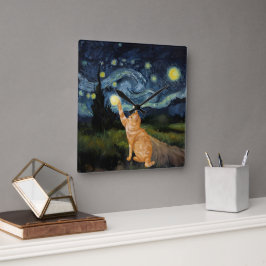 Gogh Kitty Starry Night Cat Quadratische Wanduhr