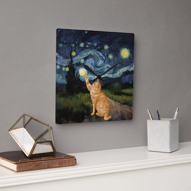 Gogh Kitty Starry Night Cat Quadratische Wanduhr (Büro)