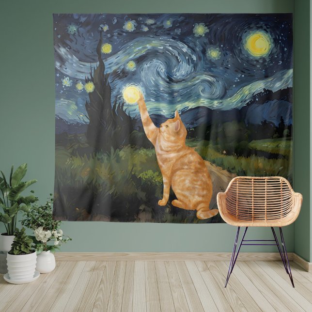 Gogh Kitty Starry Night Cat Wandteppich (Von Creator hochgeladen)