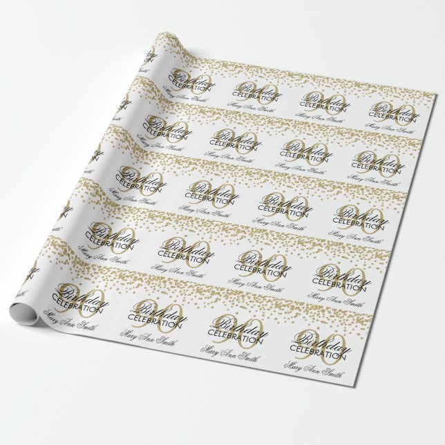 Gold90. Geburtstags-GlitzerConfetti Geschenkpapier (Ungerollt)