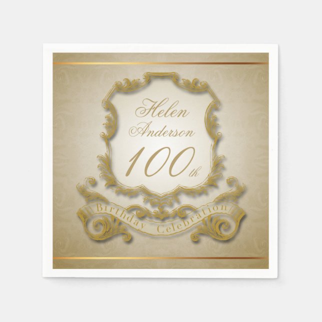Gold 100. Geburtstagsfeier Napkins Serviette (Vorderseite)