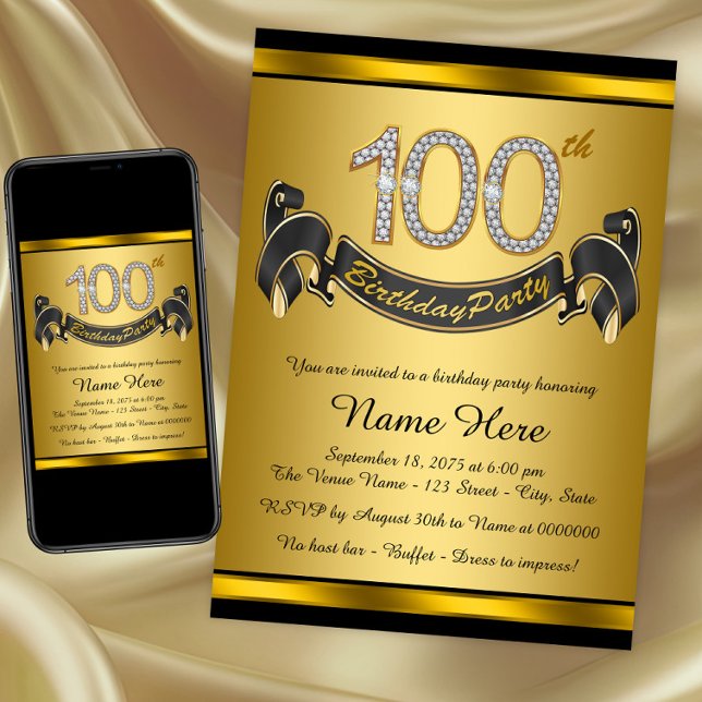 Gold 100. Geburtstagsparty Einladung (100th birthday party invitation. Instant download and printed invitations available.)