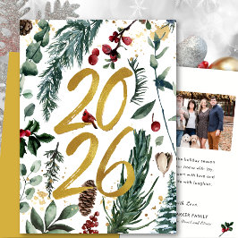 Gold 2025 Festliches Pine Bough Rotes Foto Feiertagskarte