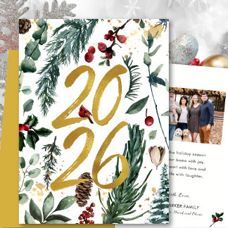 Gold 2025 Festliches Pine Bough Rotes Foto Feiertagskarte