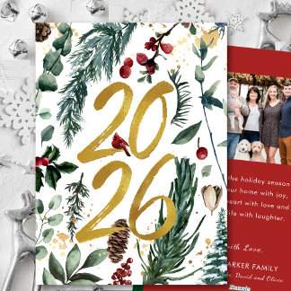 Gold 2025 Festliches Pine Bough Rotes Foto Feiertagskarte