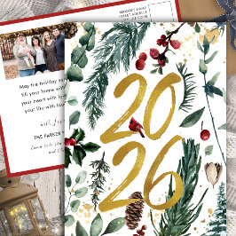 Gold 2025 Festliches Pine Bough Rotes Foto Feiertagspostkarte
