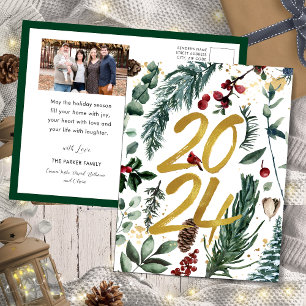 Gold 2025 Festliches Pine Bough Rotes Foto Feiertagspostkarte