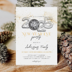 Gold 2025 Silvester Party Disco Ball Einladung
