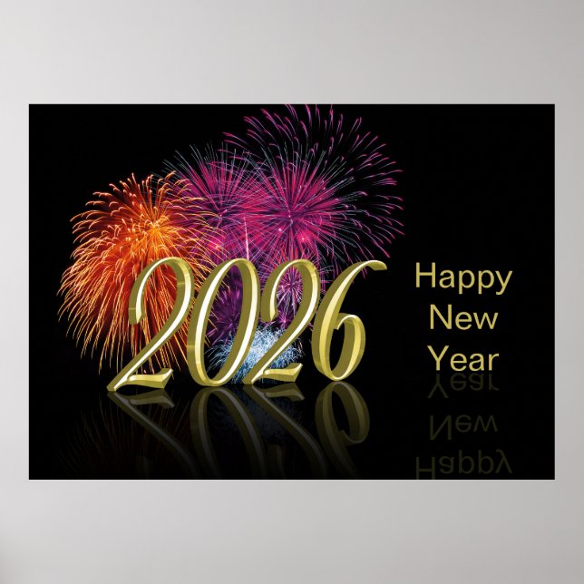 Gold 2026 Fireworks Happy New Year Poster (Vorne)