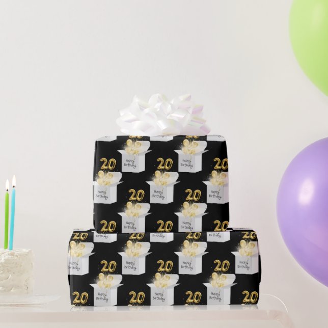 Gold 20. Geburtstag Ballons in White Box Geschenkpapier (Partygeschenke)