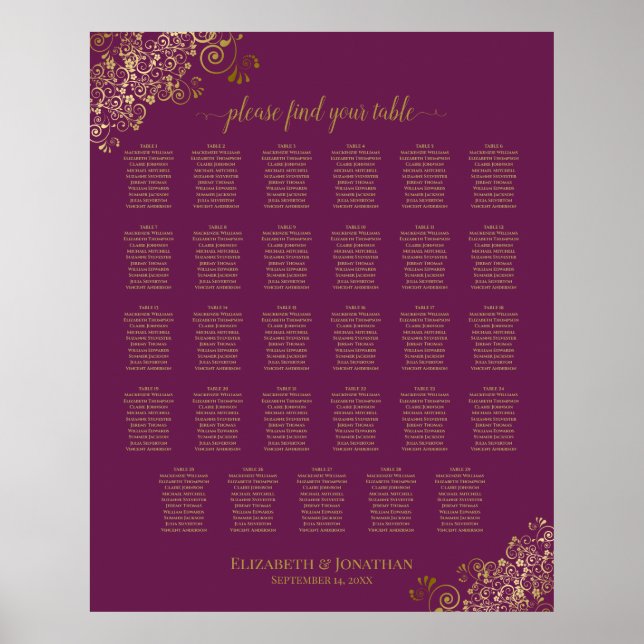Gold 29 Table Seating Chart Cassis Lila Poster (Vorne)