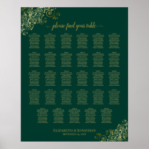 Gold 29 Table Wedding Seating Chart Smaragdgrün Poster