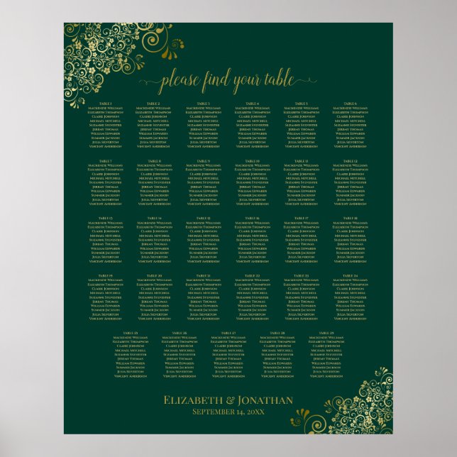 Gold 29 Table Wedding Seating Chart Smaragdgrün Poster (Vorne)