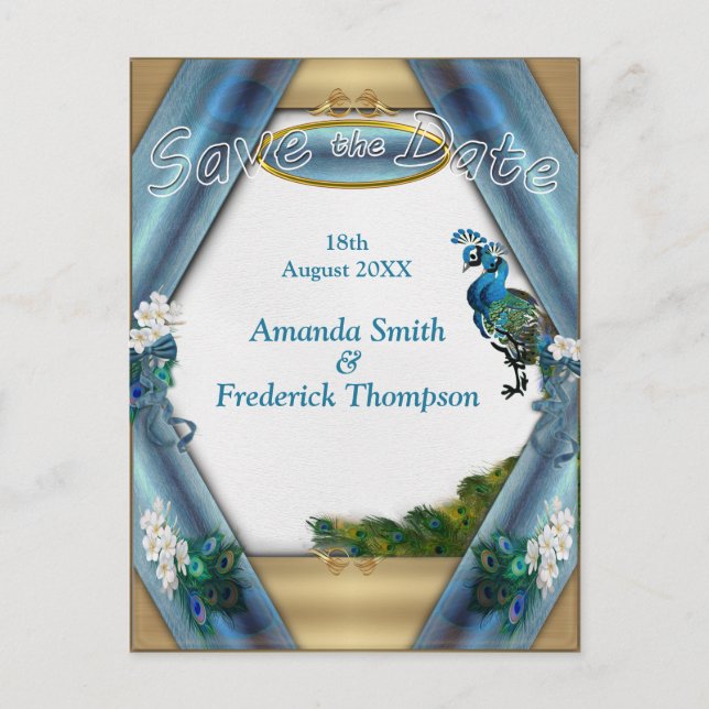 Gold, 2 Pfauen, Federn auf Smaragdgrüner Seide Ankündigungspostkarte (Vorderseite)