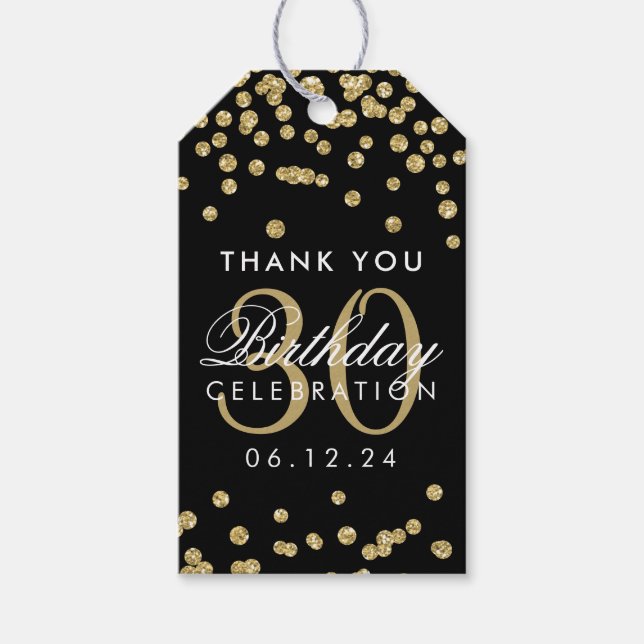 Gold 30. Geburtstag Danke Confetti Black Geschenkanhänger (Vorderseite)