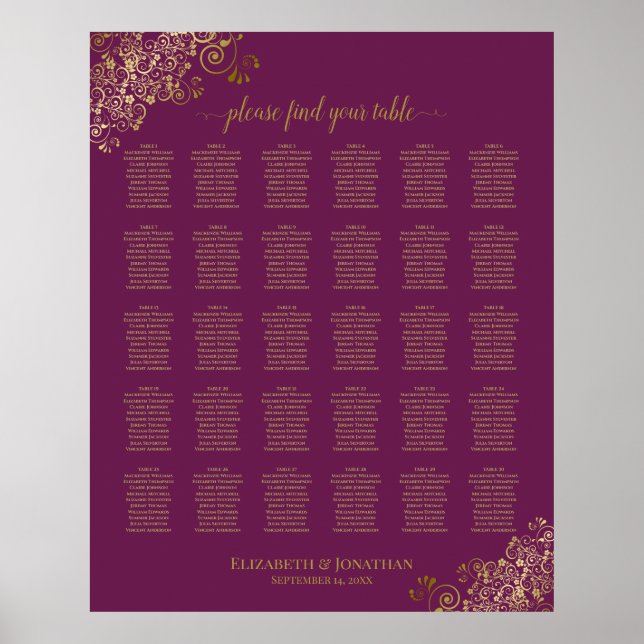 Gold 30 Table Seating Chart Cassis Lila Poster (Vorne)