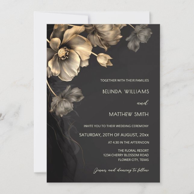 Gold 3 D Flowers Black Wedding Invitation Einladung (Vorderseite)