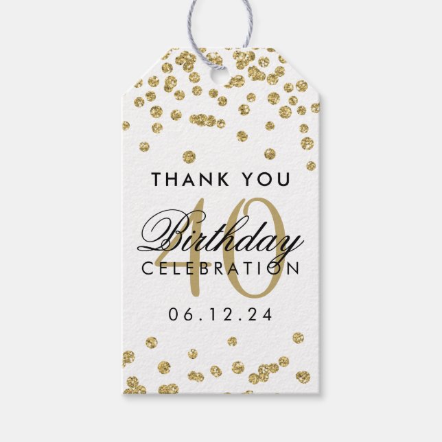 Gold 40. Geburtstag Danke Confetti White Geschenkanhänger (Vorderseite)
