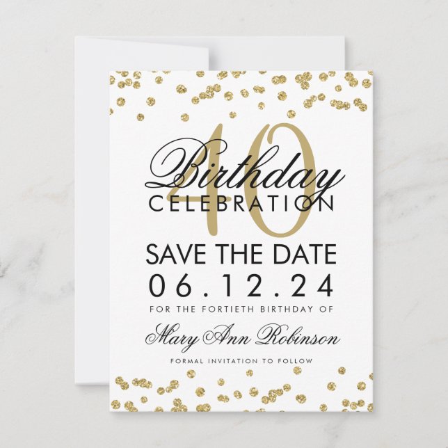 Gold 40. Geburtstag Save the Date Confetti (Vorderseite)