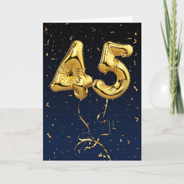 Gold 45 Mylar Birthday Balloons und Confetti Card Karte (Vorderseite)