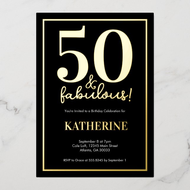 Gold 50 and Fabulous 50th Birthday Foil Invitation Folieneinladung (Vorderseite)