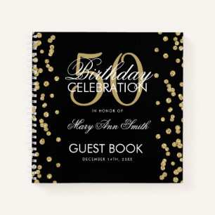 Gold 50. Geburtstag Gästebuch Confetti Black Notizbuch