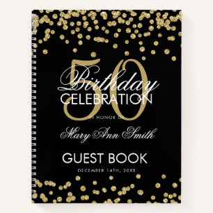 Gold 50. Geburtstag Gästebuch Confetti Black Notizbuch