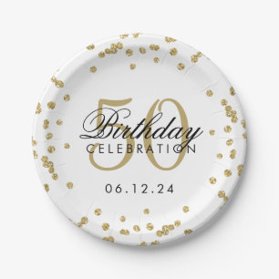 Gold 50. Geburtstag Glitzer Confetti White Pappteller