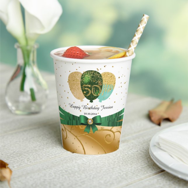 Gold 50. Geburtstag, Grüne Seidenband, Löwen Pappbecher