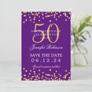 Gold 50. Geburtstag Save the Date Confetti Lila Einladung