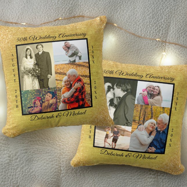 Gold 50. Hochzeitstag 8 Foto Collage Kissen (Double-sided photo pillow for golden wedding anniversary with 4 or 8 different photos)