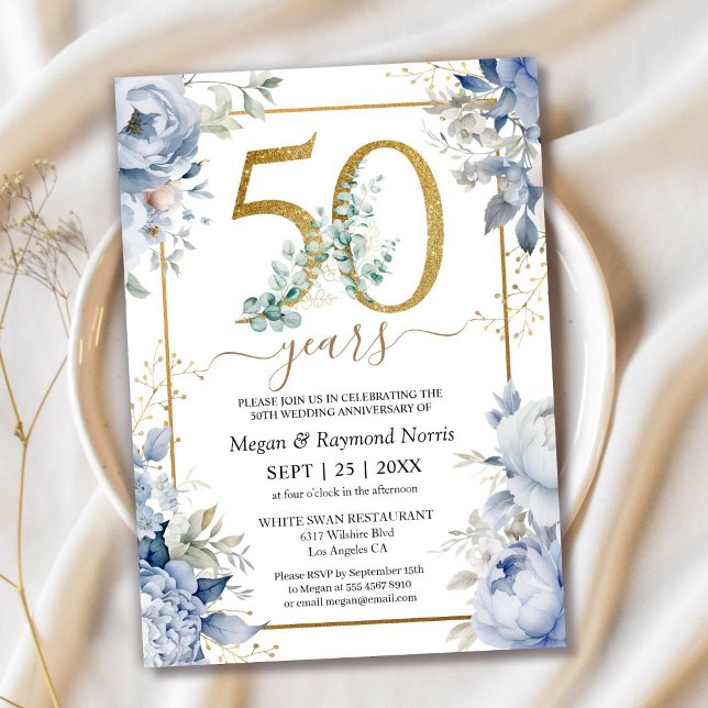 Gold 50. Hochzeitstag Dusty Blue Floral Einladung (Von Creator hochgeladen)